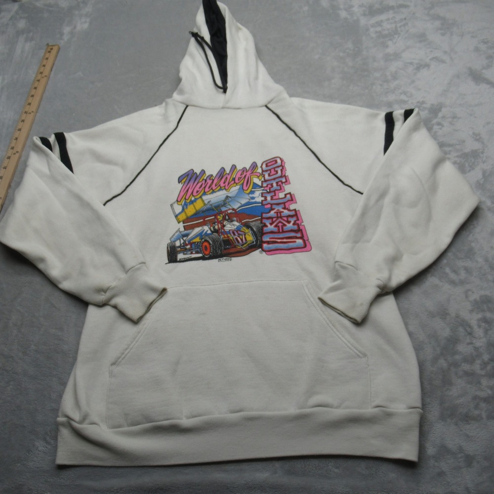 Vintage World Of Outlaws Racing Hoodie Men Large 1987 Russell‎ Cream Made in USA